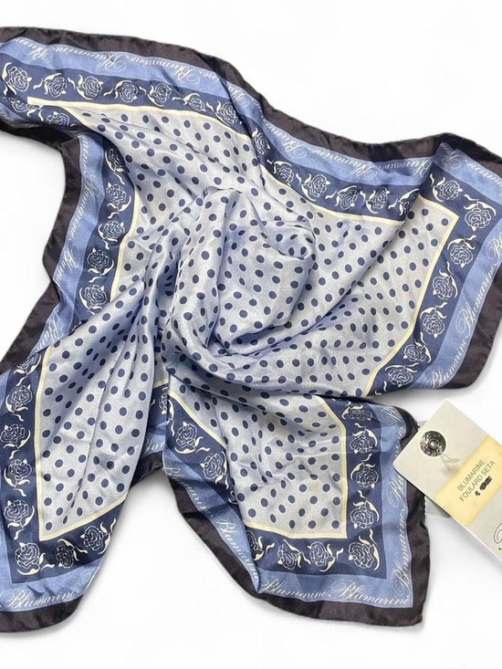 Blumarine Accessories - Blumarine NWT Polka Dot & Rose Border Silk Scarf in Blue 20x20 Made in Italy
